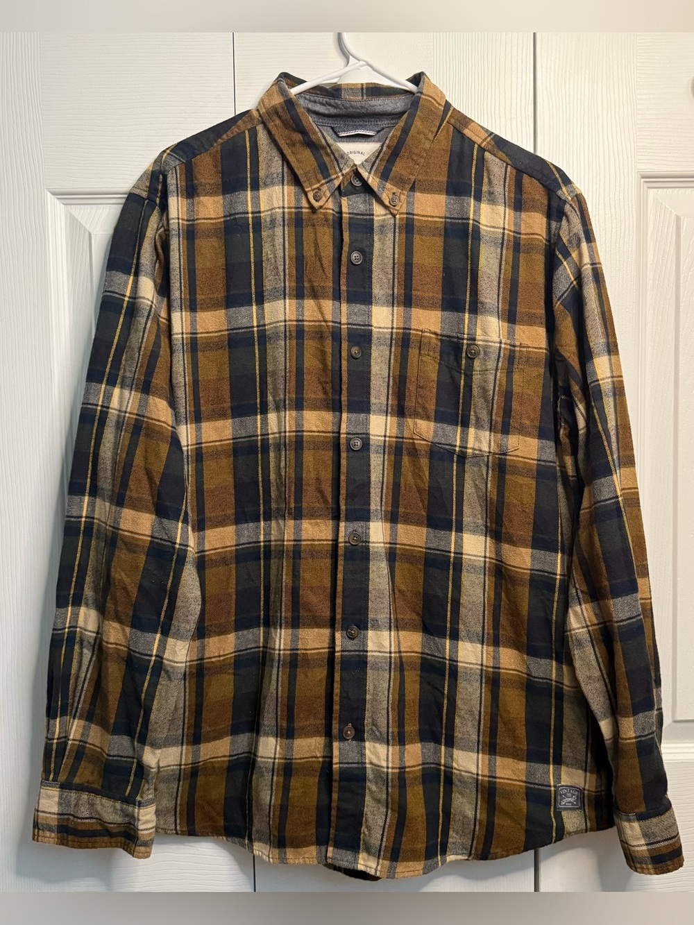 Men's Plaid Button-Down Shirt in Mustard and Navy